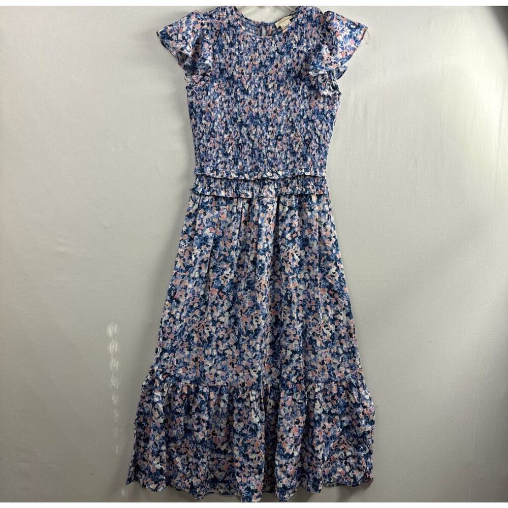Shoshanna Wo Parker Smocked Dress in Periwinkle Blue Multi MIDI MSRP $418 - Picture 3 of 8